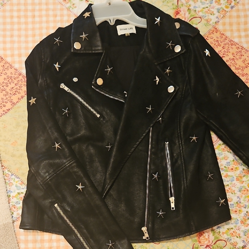 Sugarlips Black Leather Jacket with Star Accents